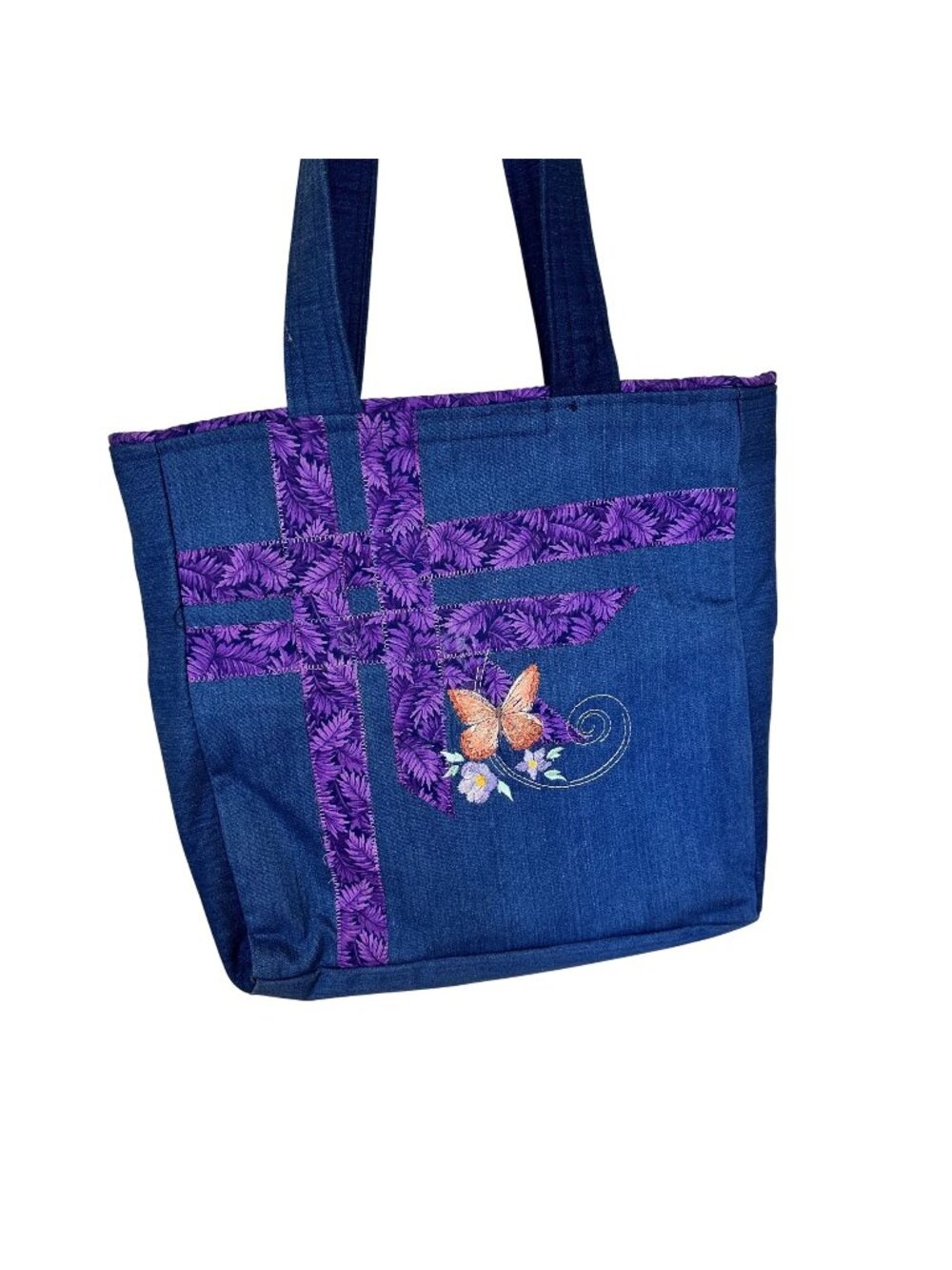 Handmade Denim Tote Bag Butterfly Embroidery Shoulder Purse Artisan Pockets
